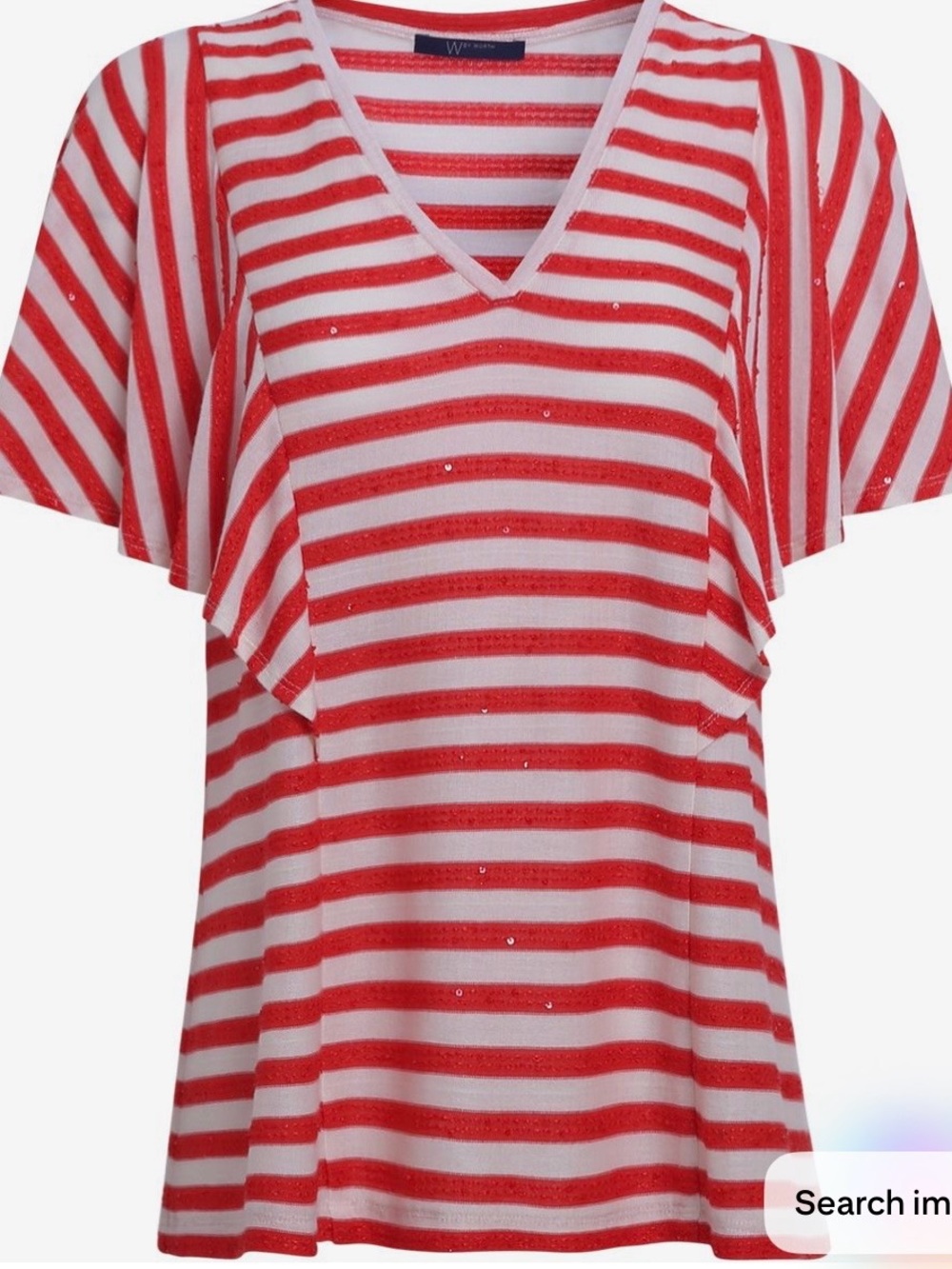 W by Worth SM White & Red Striped V-Neck Flutter Sleeve Top with some sparkle.